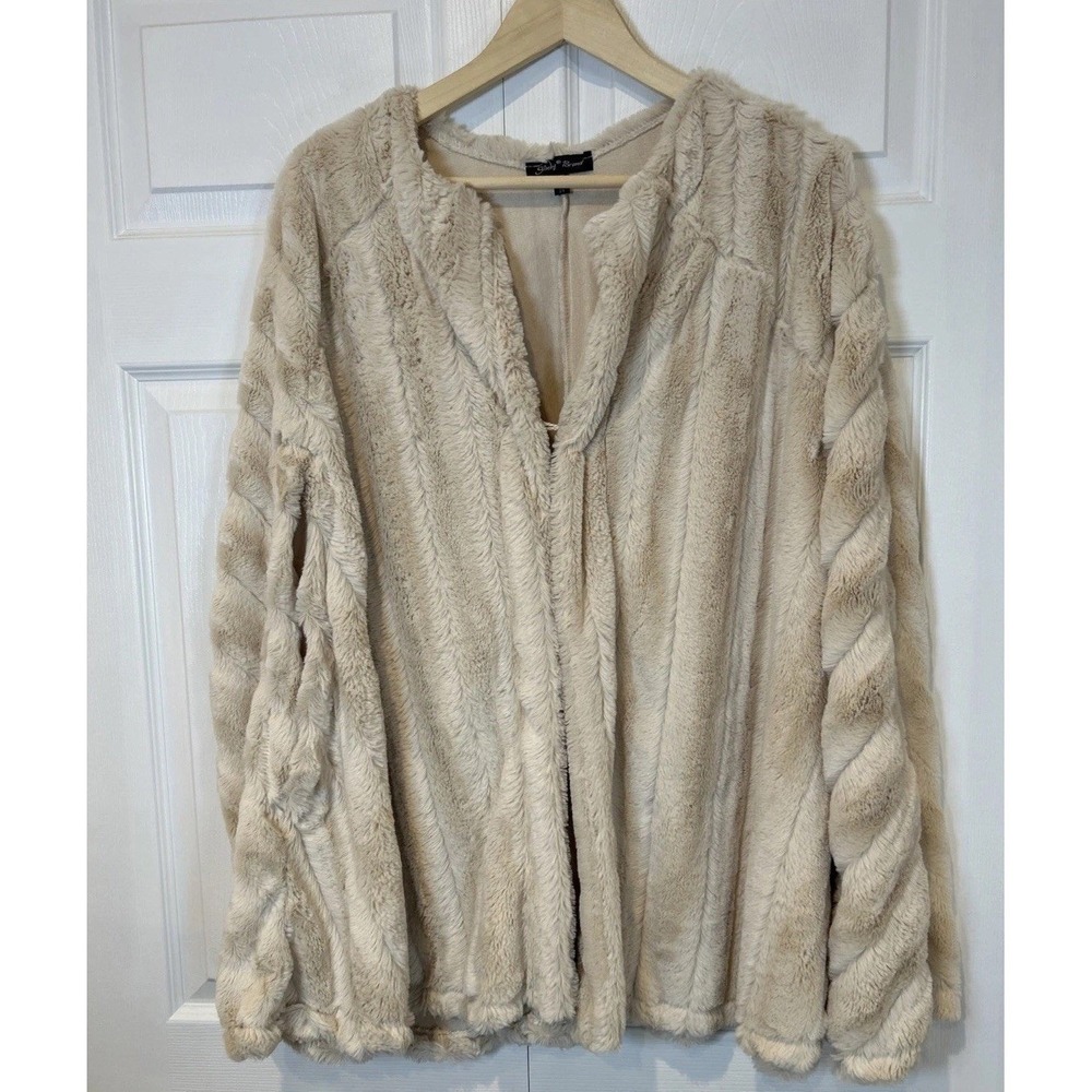 Slinky Brand Faux Fur Jacket Womens 2X Beige Ribbed Open Front Cardigan 9250-R18